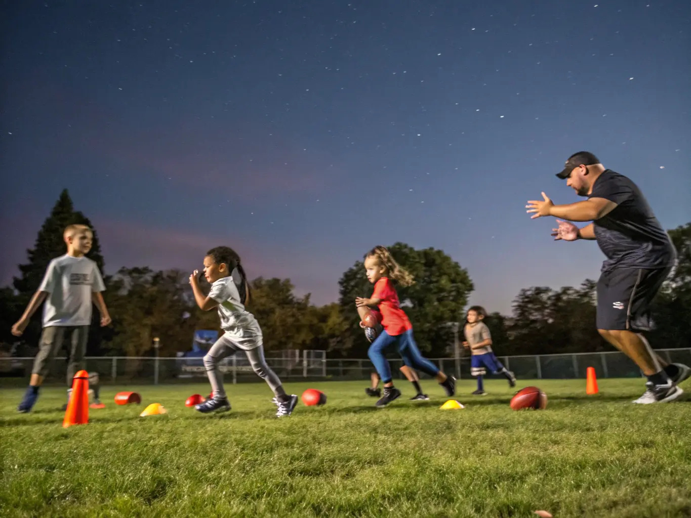A dynamic image of U12 players executing a passing play during a practice session, demonstrating their teamwork and coordination.