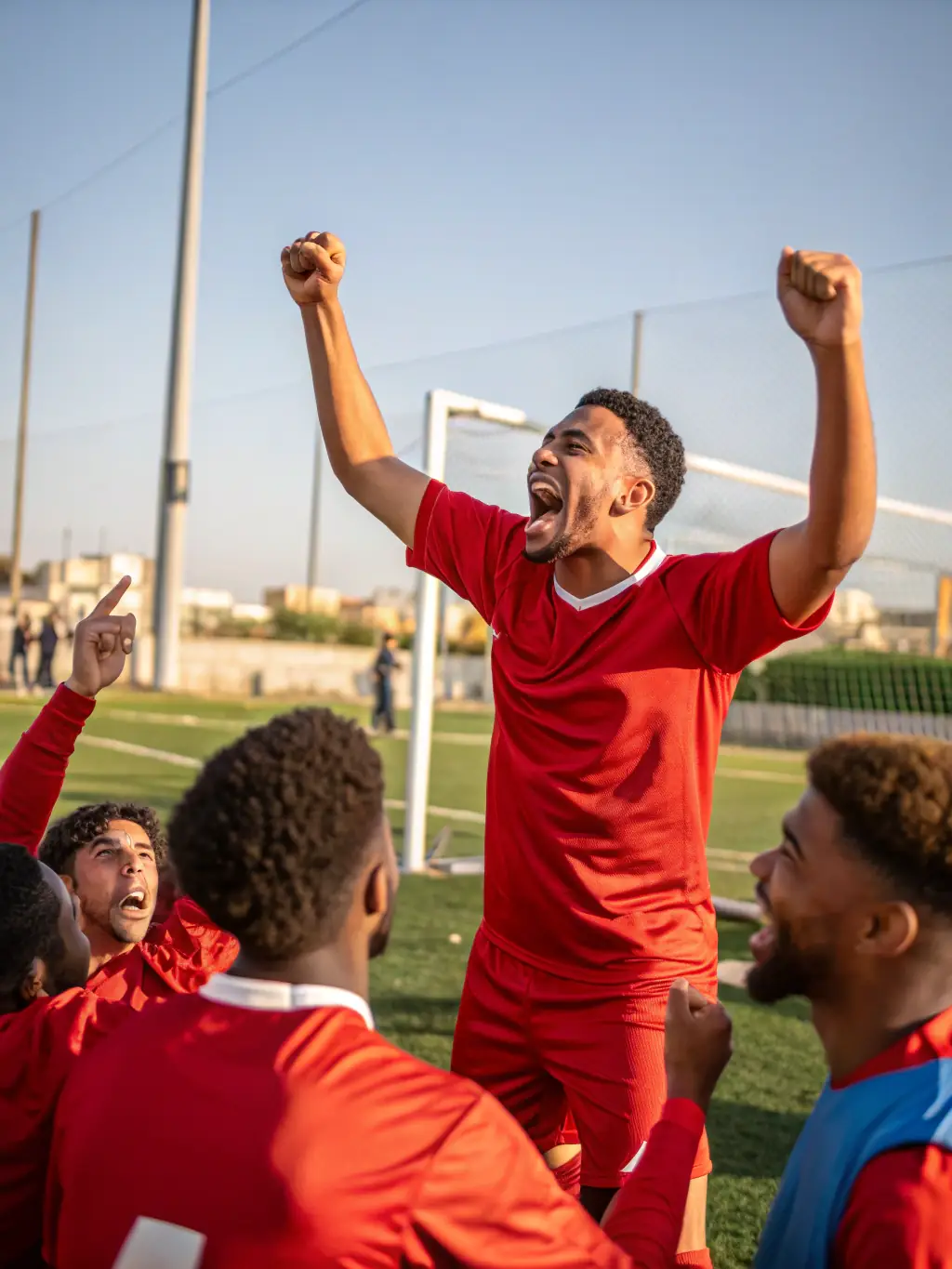 A team of U12 players from ESPINAT YTRAC FOOTBALL JEUNES celebrating a goal during a competitive match, showcasing teamwork and sportsmanship.