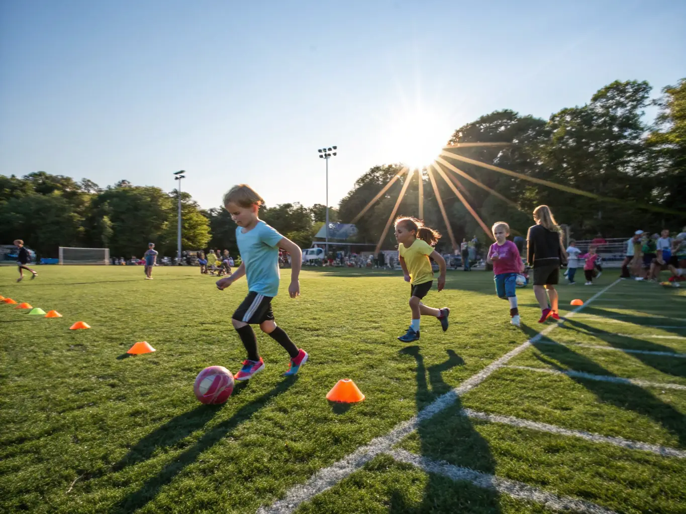 An action shot of U6 players enthusiastically participating in a football drill, showcasing their energy and engagement.