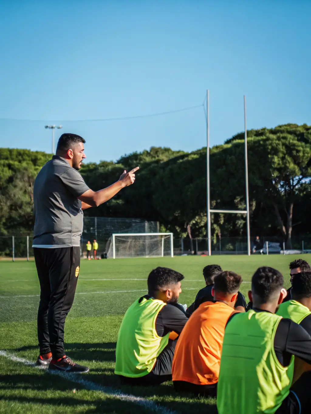 An ESPINAT YTRAC FOOTBALL JEUNES coach mentoring a U16 player during a training session, focusing on personalized feedback and strategic thinking.
