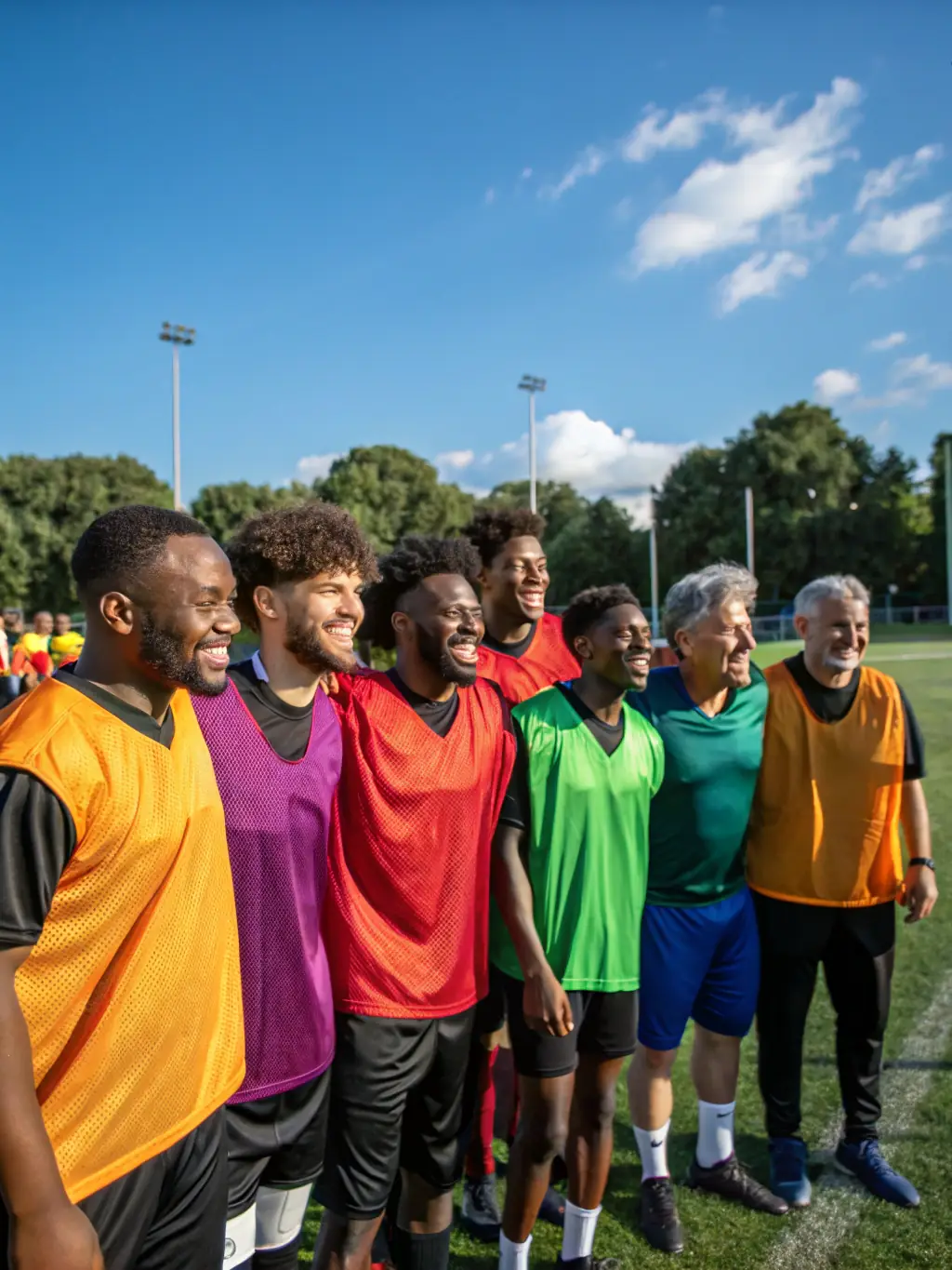 A diverse group of ESPINAT YTRAC FOOTBALL JEUNES players participating in a community outreach event, promoting inclusivity and positive engagement.