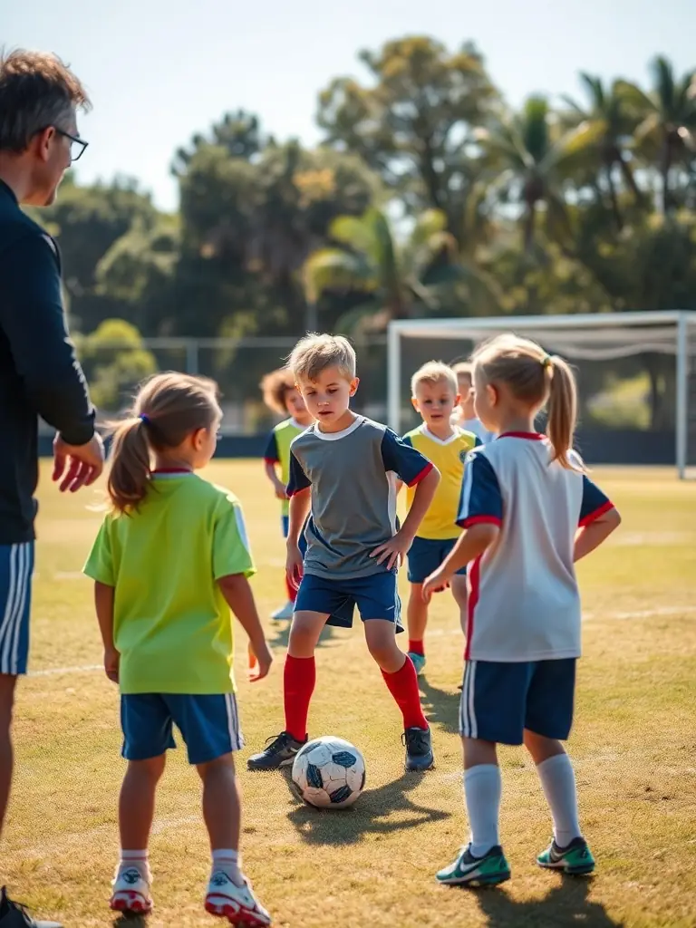 A group of young football players in ESPINAT YTRAC FOOTBALL JEUNES U6 program, practicing basic ball control drills on a sunny field, with a coach providing guidance.