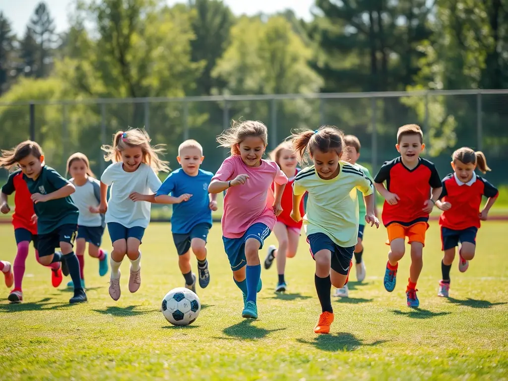 A vibrant image of young children, aged 6-8, participating in a fun, introductory football training session at ESPINAT YTRAC FOOTBALL JEUNES, showcasing their enthusiasm and engagement.