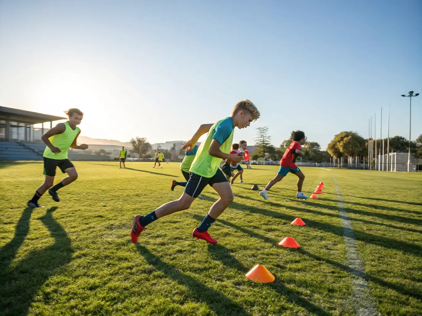 A dynamic image of teenagers, aged 13-15, engaged in a competitive football match at ESPINAT YTRAC FOOTBALL JEUNES, demonstrating their skills and teamwork.